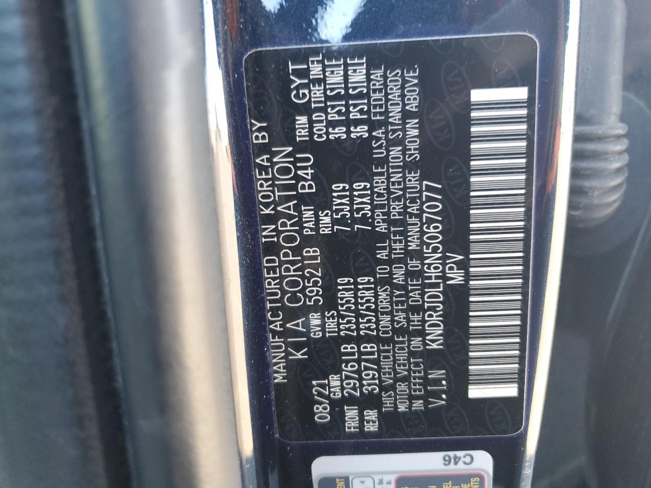 2022 KIA SORENTO SX VIN:KNDRJDLH6N5067077