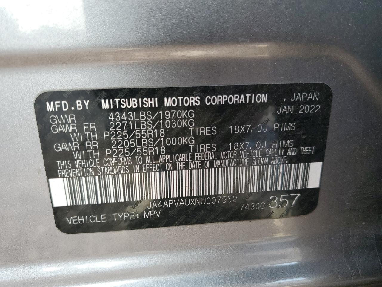 2022 MITSUBISHI OUTLANDER SPORT SE VIN:JA4APVAUXNU007952