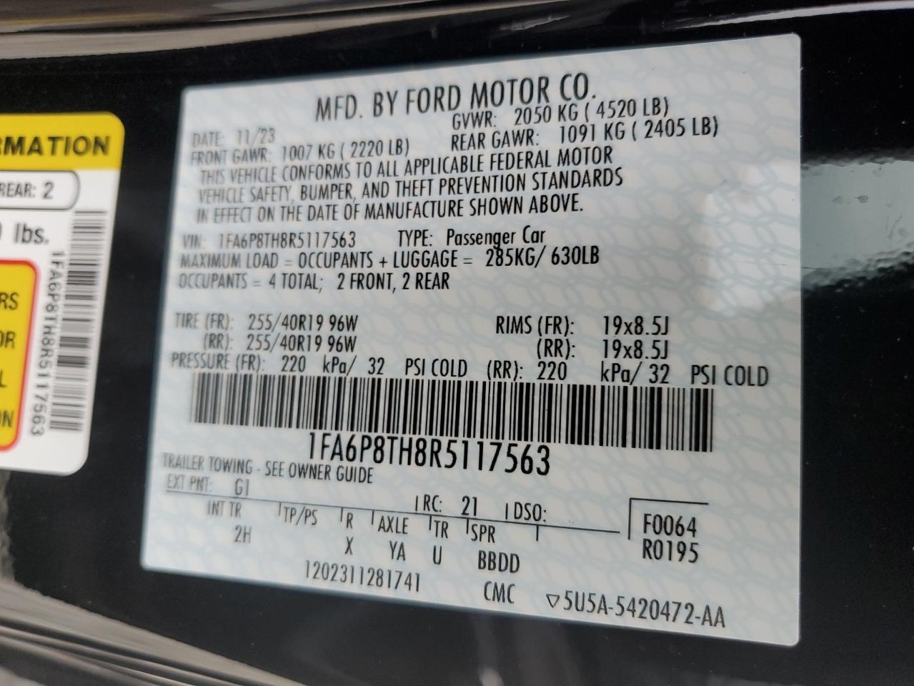 2024 FORD MUSTANG VIN:1FA6P8TH8R5117563