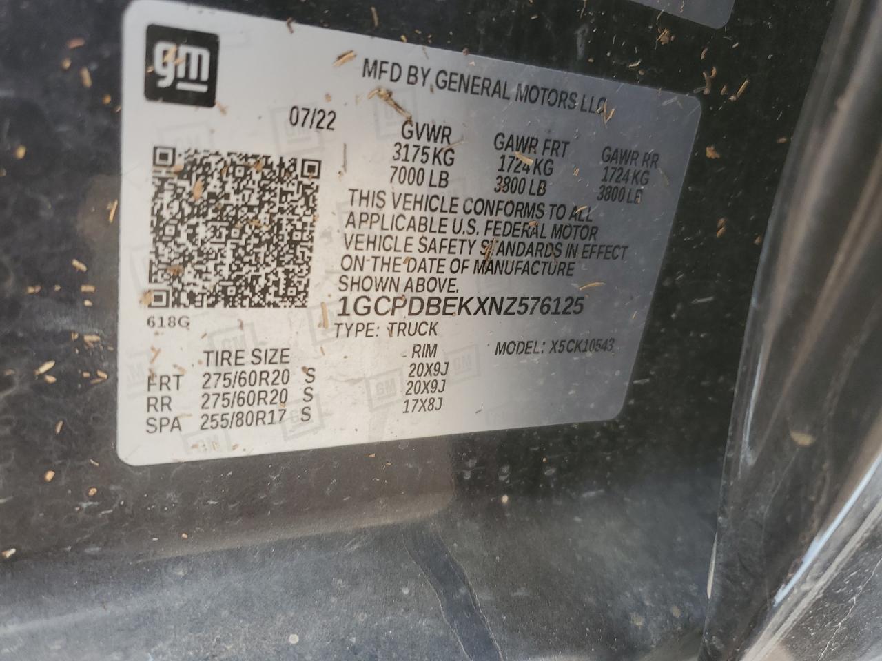 2022 CHEVROLET SILVERADO K1500 CUSTOM VIN:1GCPDBEKXNZ576125