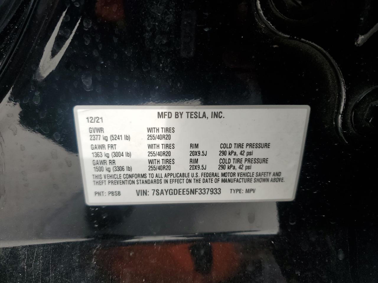 2022 TESLA MODEL Y VIN:7SAYGDEE5NF337933