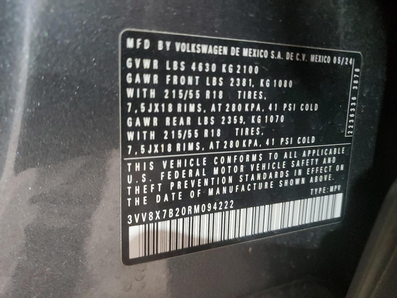2024 VOLKSWAGEN TAOS S VIN:3VV8X7B20RM094222
