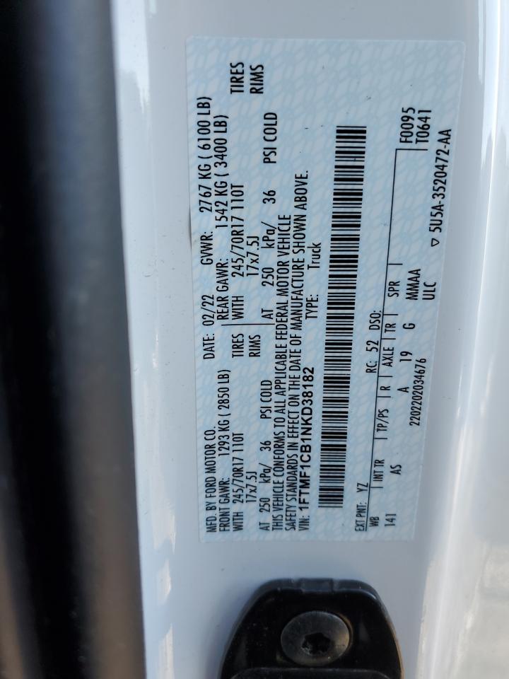 2022 FORD F150 VIN:1FTMF1CB1NKD38182