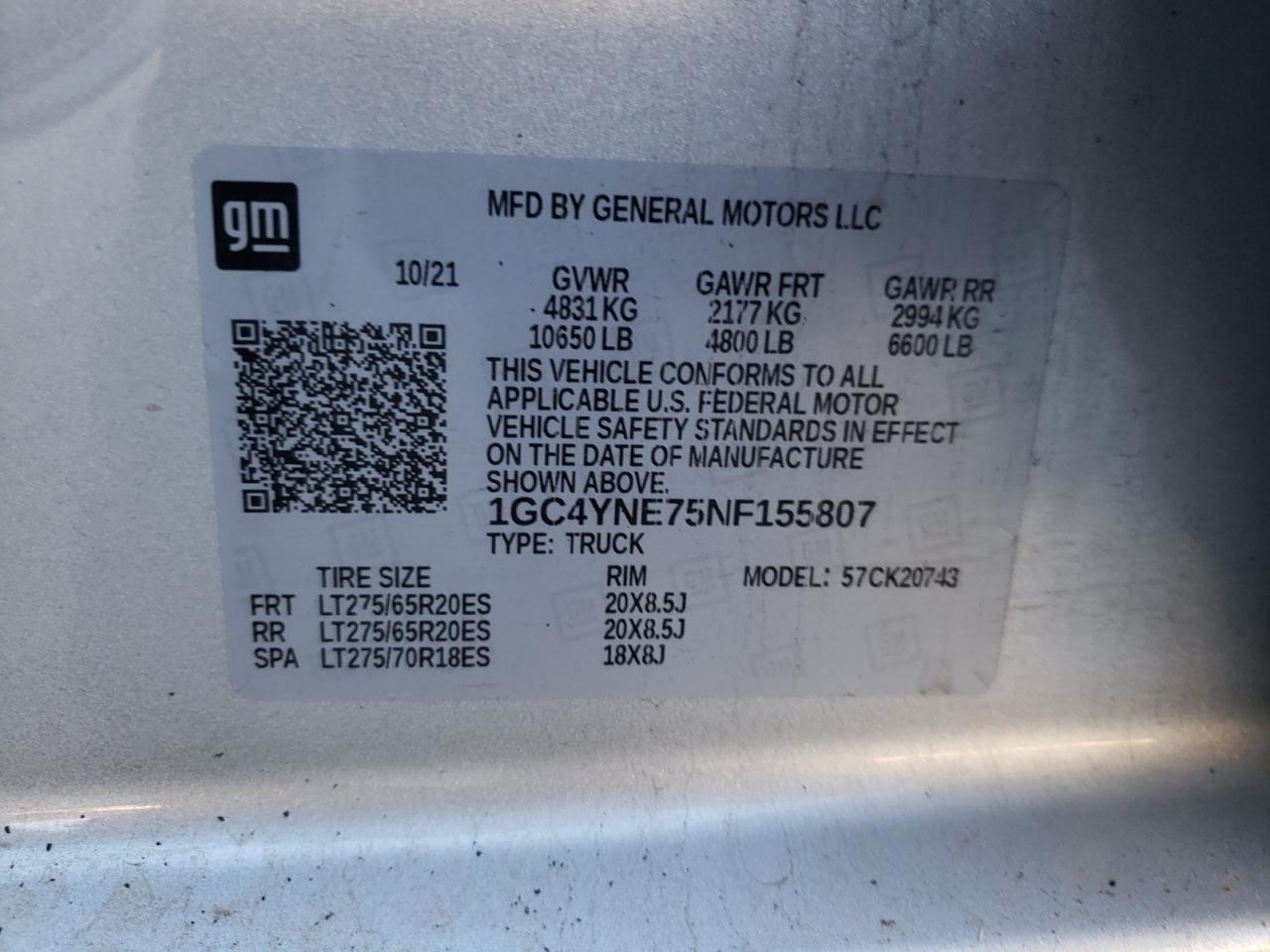 2022 CHEVROLET SILVERADO K2500 HEAVY DUTY LT VIN:1GC4YNE75NF155807