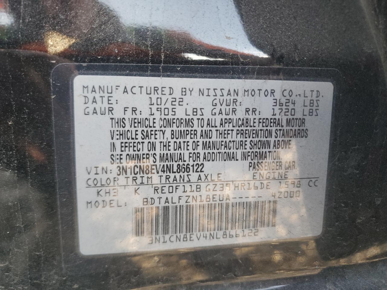 2022 NISSAN VERSA SV VIN:3N1CN8EV4NL866122