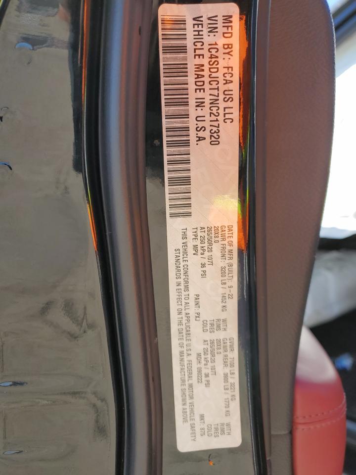 2022 DODGE DURANGO R/T VIN:1C4SDJCT7NC217320