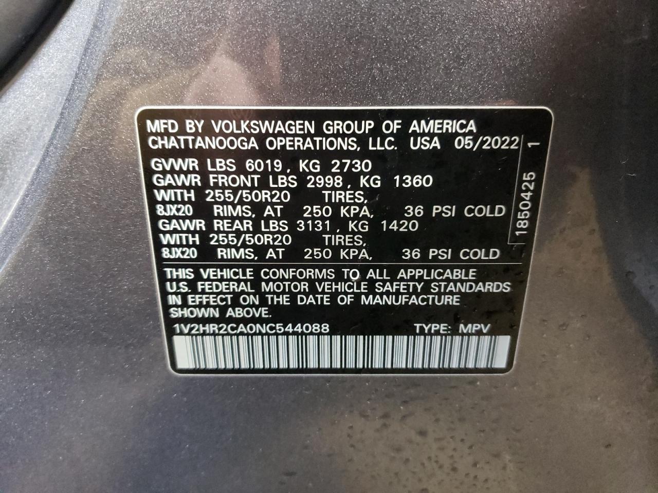 2022 VOLKSWAGEN ATLAS SE VIN:1V2HR2CA0NC544088