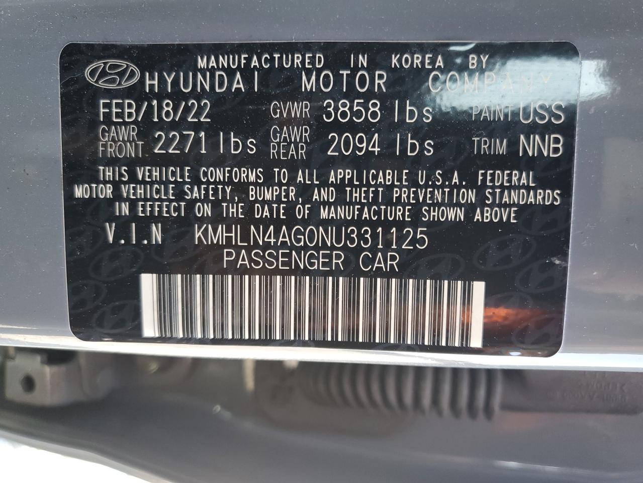 2022 HYUNDAI ELANTRA SEL VIN:KMHLN4AG0NU331125
