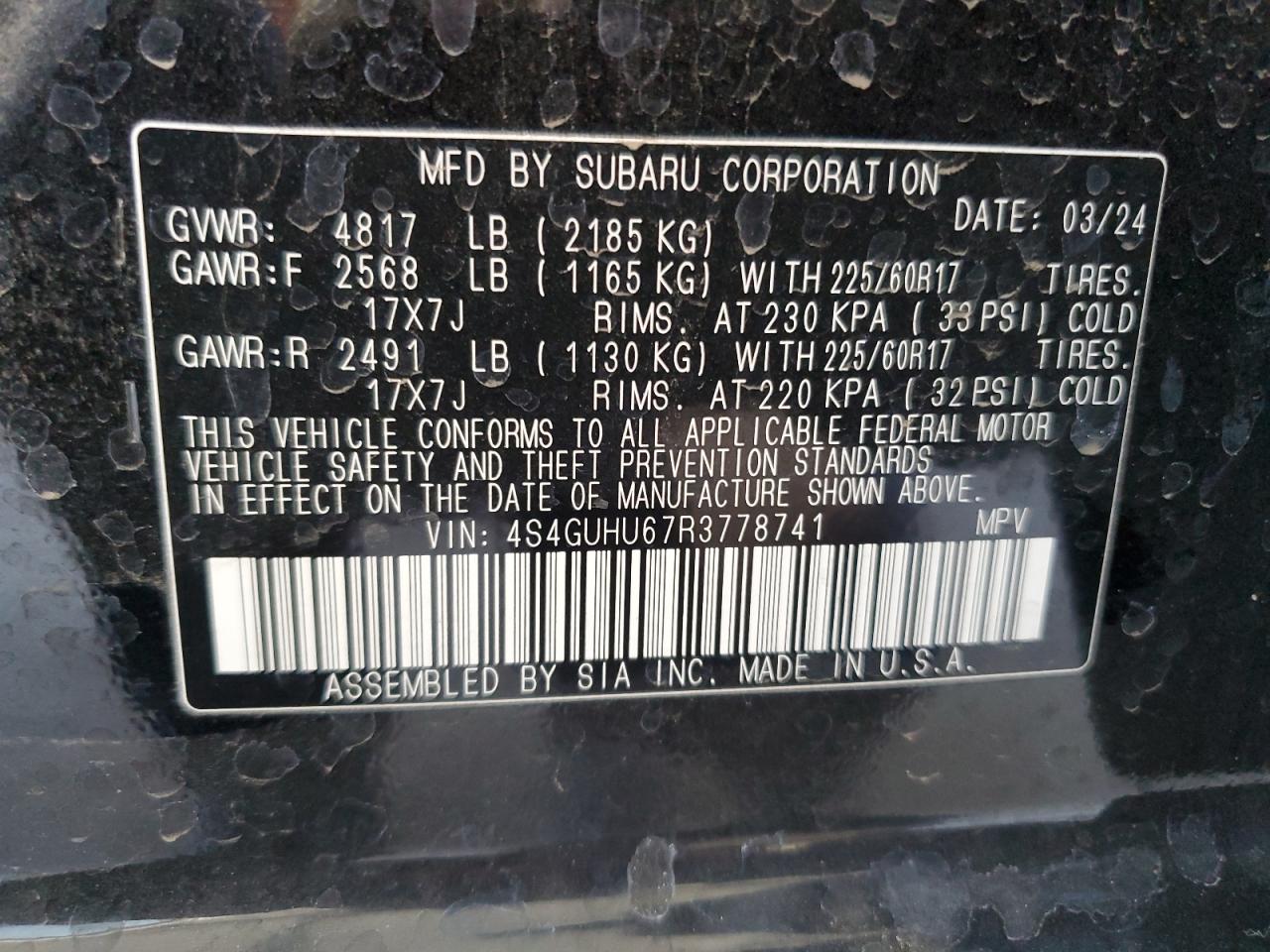 2024 SUBARU CROSSTREK WILDERNESS VIN:4S4GUHU67R3778741