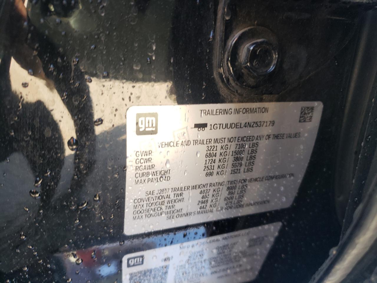 2022 GMC SIERRA K1500 SLT VIN:1GTUUDEL4NZ537179