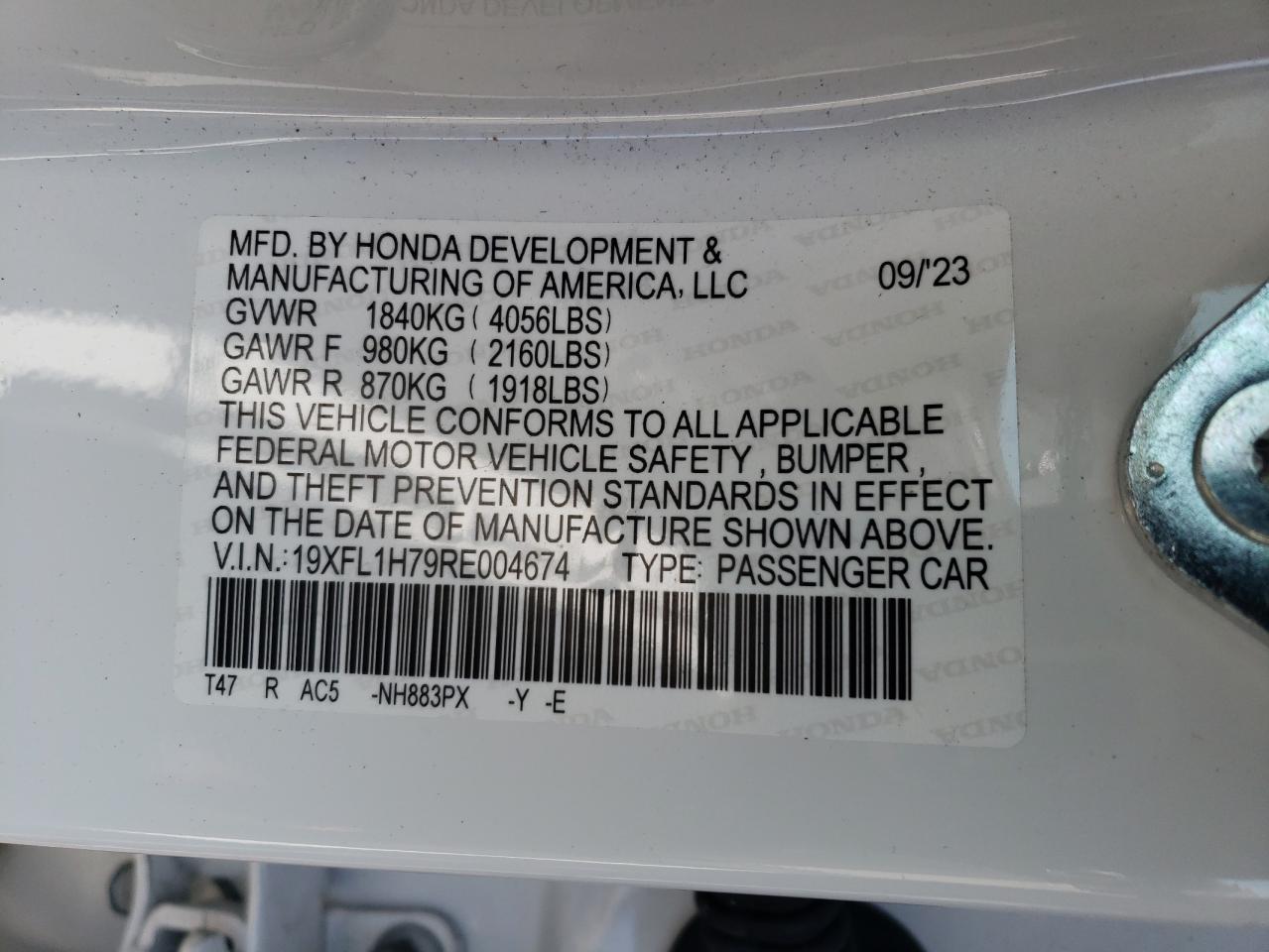 2024 HONDA CIVIC EXL VIN:19XFL1H79RE004674