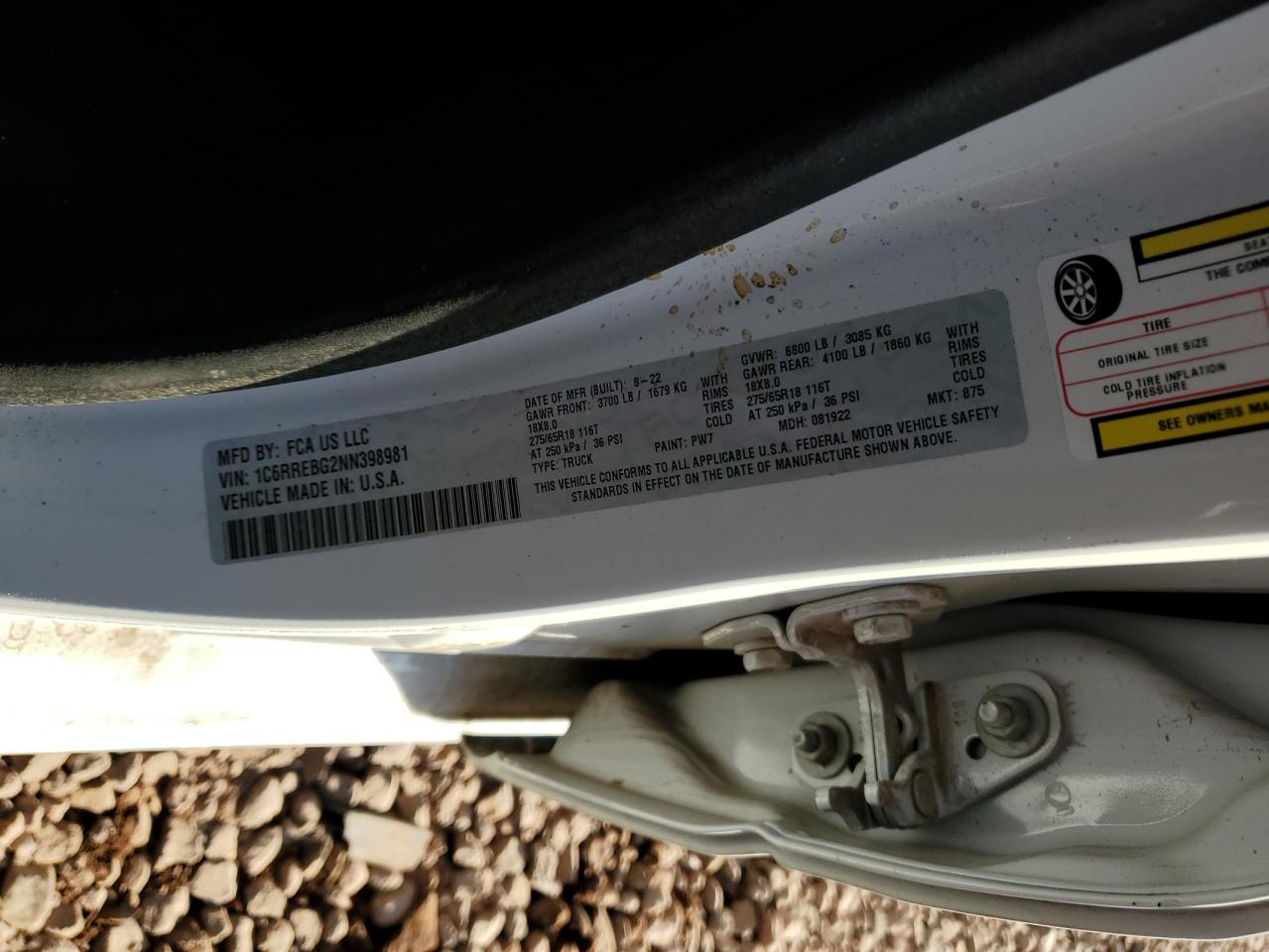 2022 RAM 1500 BIG HORN/LONE STAR VIN:1C6RREBG2NN398981