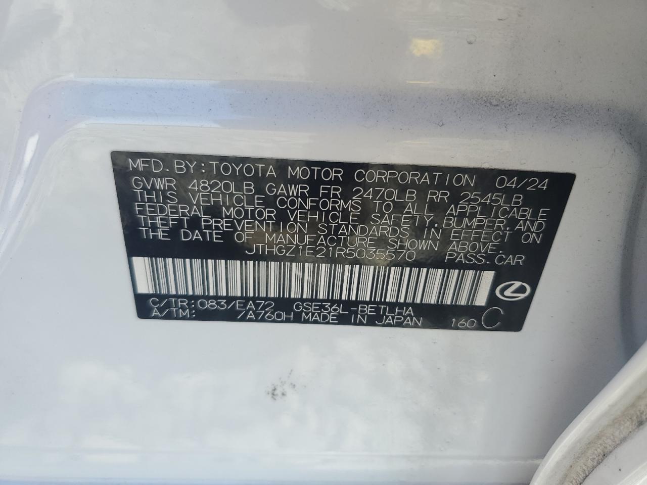 2024 LEXUS IS 350 F SPORT VIN:JTHGZ1E21R5035570