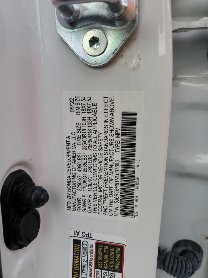 2022 HONDA CR-V EXL VIN:5J6RT6H81NL037683