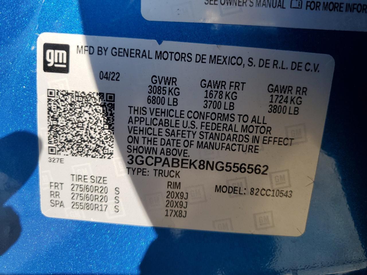 2022 CHEVROLET SILVERADO C1500 CUSTOM VIN:3GCPABEK8NG556562