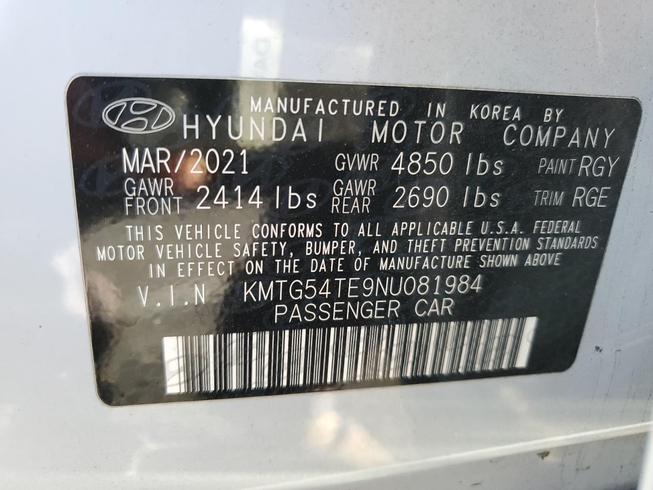 2022 GENESIS G70 BASE VIN:KMTG54TE9NU081984