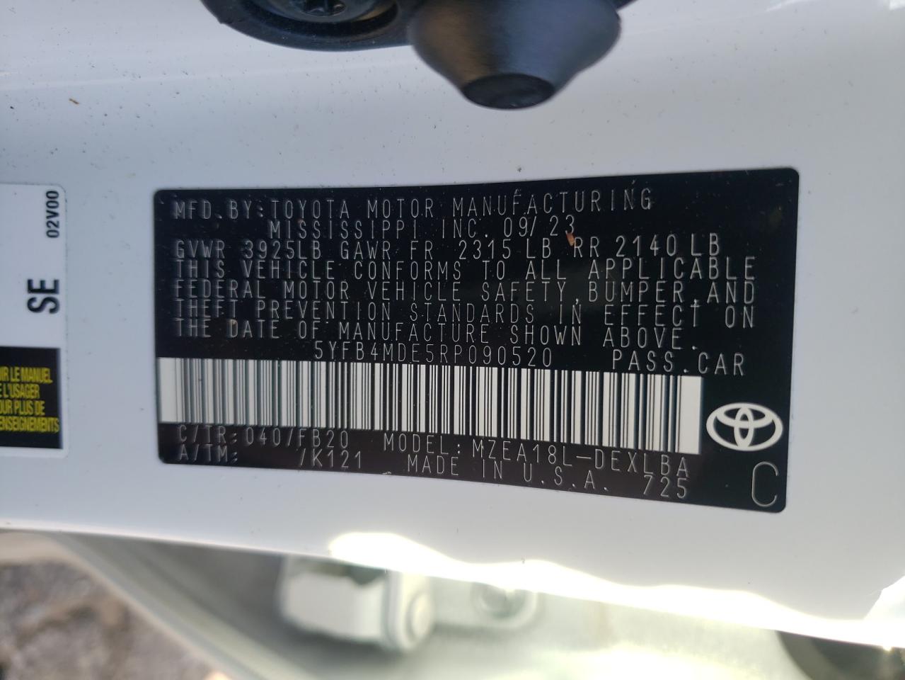 2024 TOYOTA COROLLA LE VIN:5YFB4MDE5RP090520