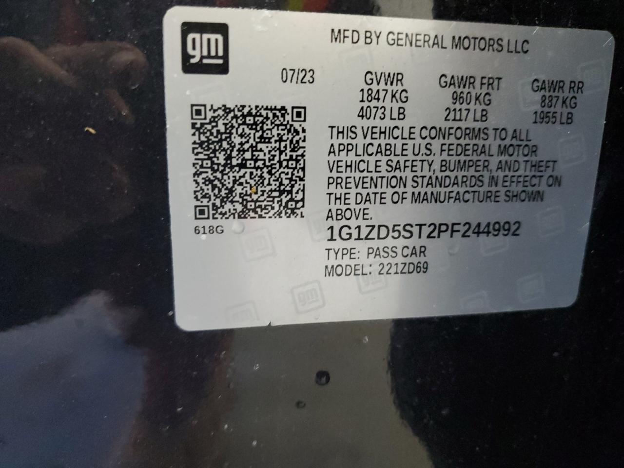 2023 CHEVROLET MALIBU LT VIN:1G1ZD5ST2PF244992