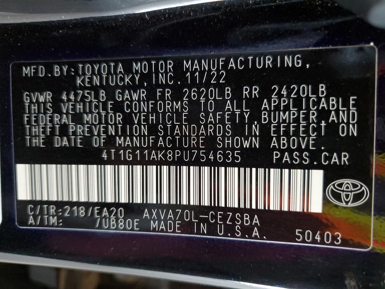 2023 TOYOTA CAMRY SE NIGHT SHADE VIN:4T1G11AK8PU754635