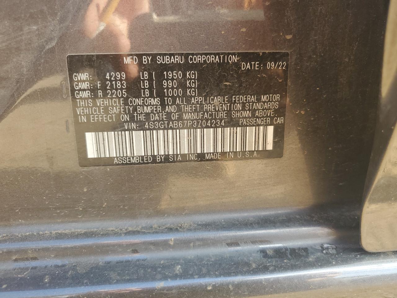 2023 SUBARU IMPREZA VIN:4S3GTAB67P3704234