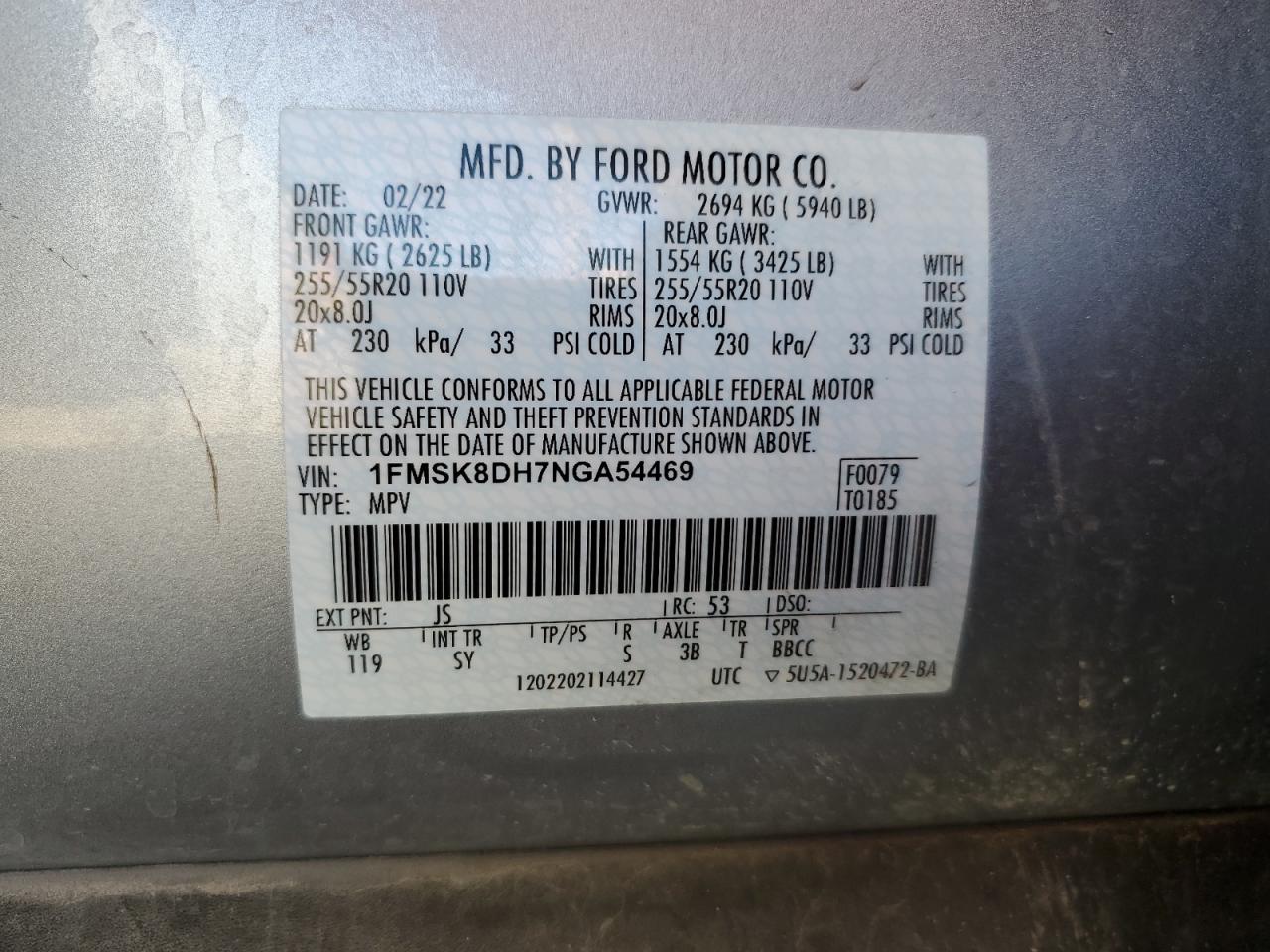 2022 FORD EXPLORER XLT VIN:1FMSK8DH7NGA54469