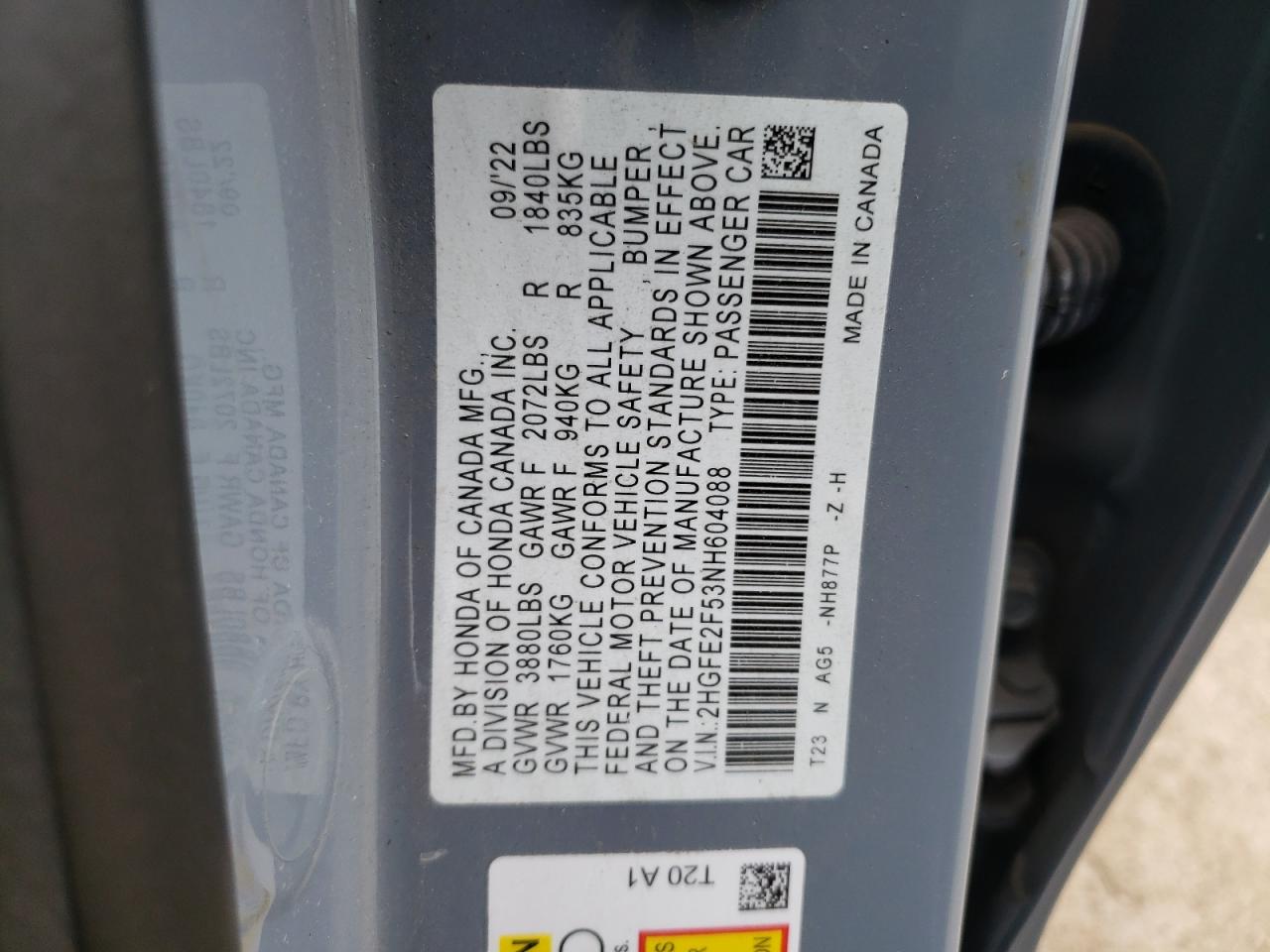 2022 HONDA CIVIC SPORT VIN:2HGFE2F53NH604088