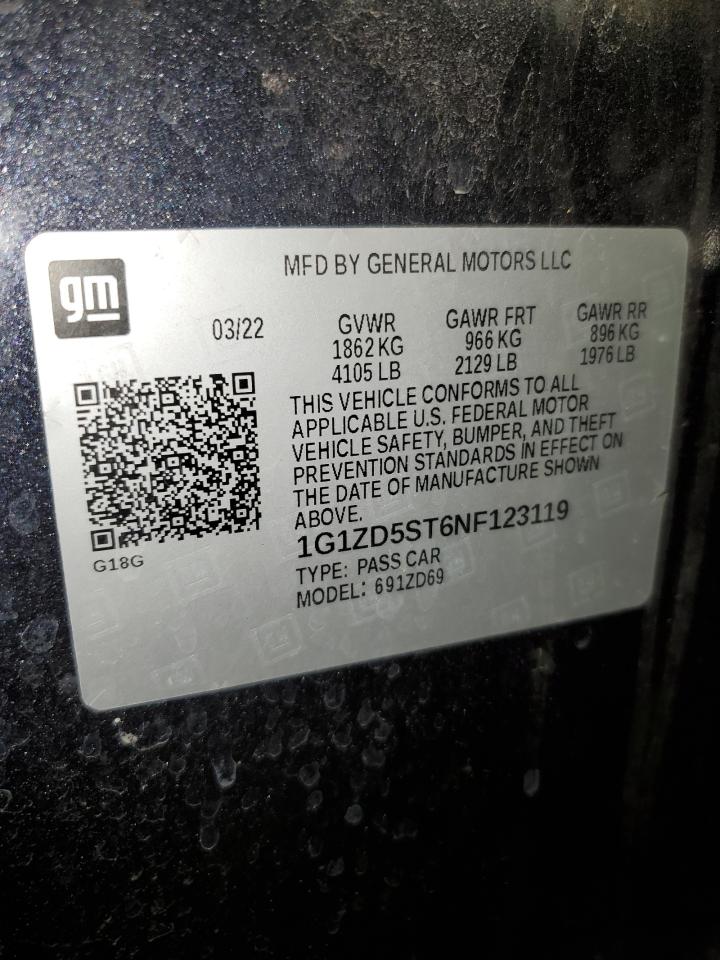 2022 CHEVROLET MALIBU LT VIN:1G1ZD5ST6NF123119