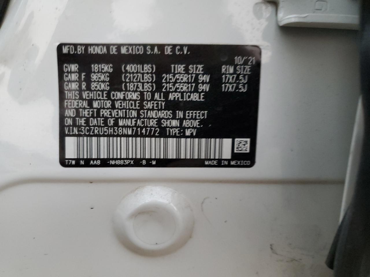 2022 HONDA HR-V LX VIN:3CZRU5H38NM714772