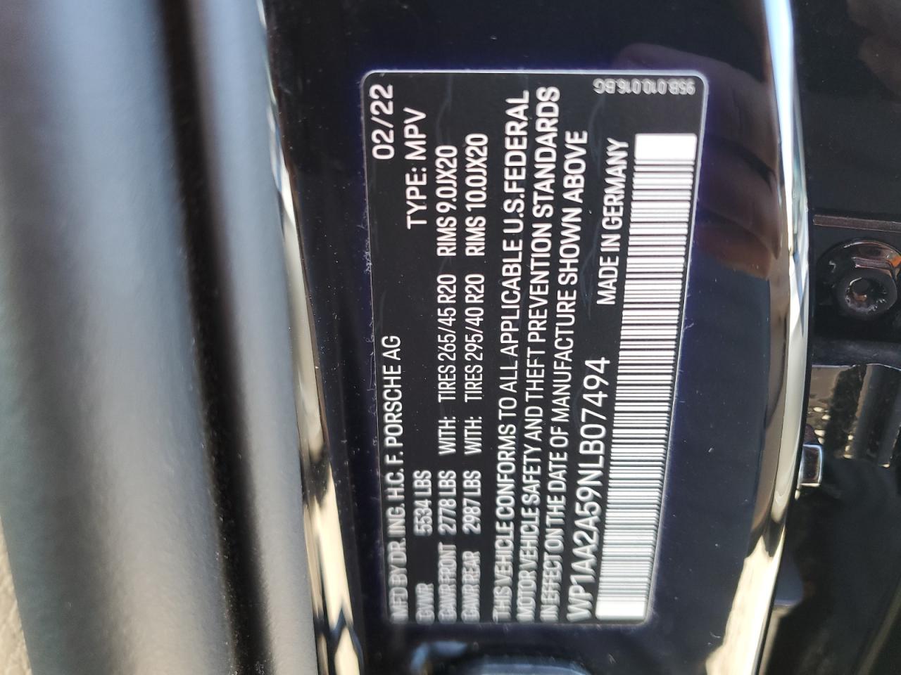 2022 PORSCHE MACAN VIN:WP1AA2A59NLB07494