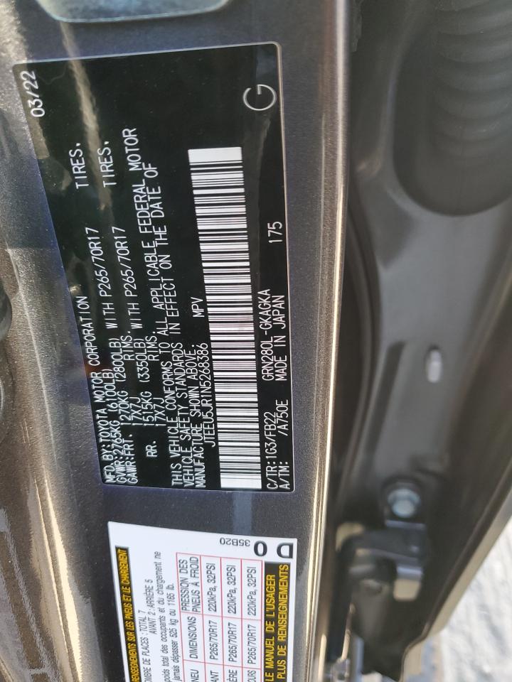 2022 TOYOTA 4RUNNER SR5 VIN:JTEEU5JR1N5268386