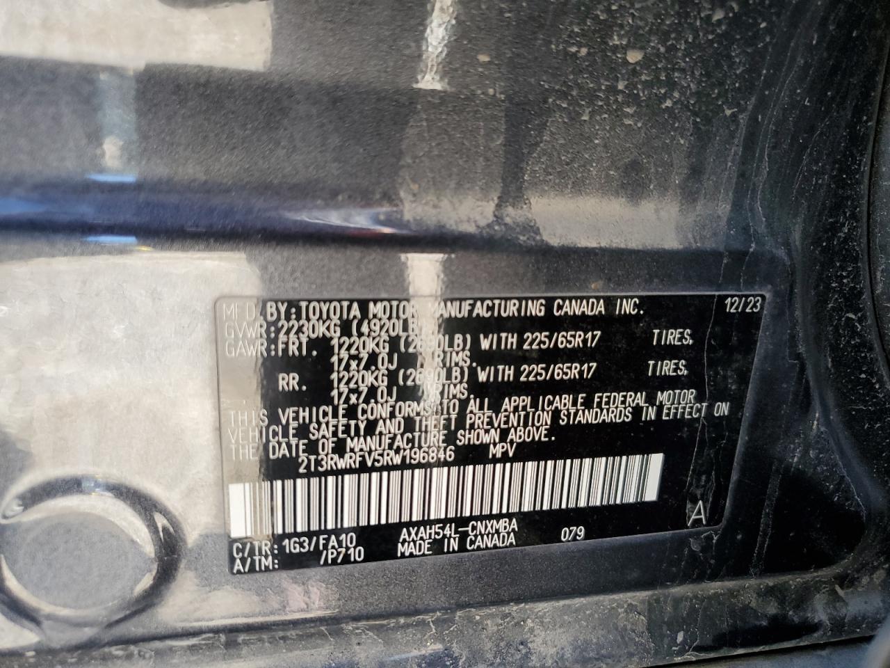 2024 TOYOTA RAV4 XLE VIN:2T3RWRFV5RW196846