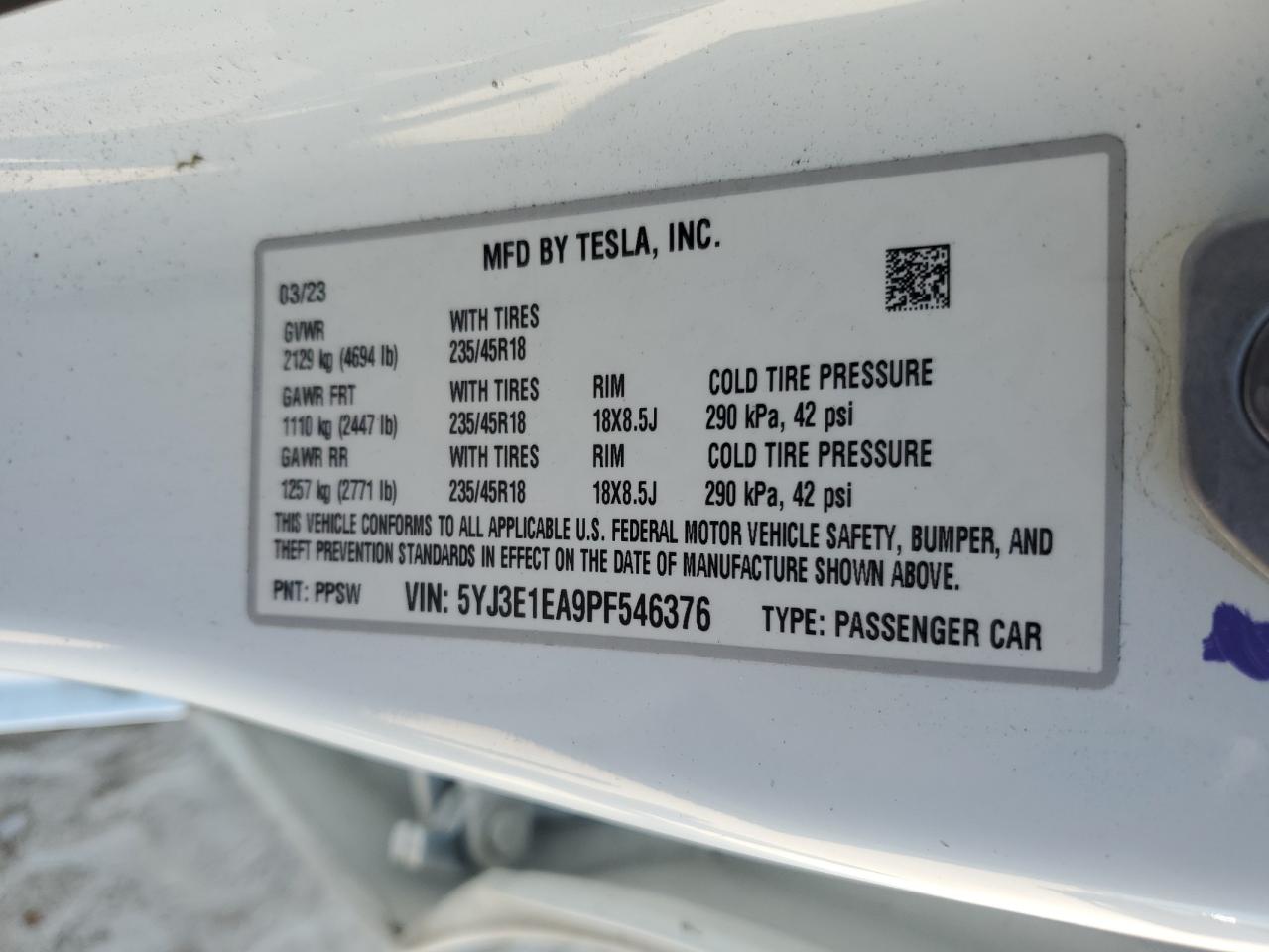 2023 TESLA MODEL 3 VIN:5YJ3E1EA9PF546376