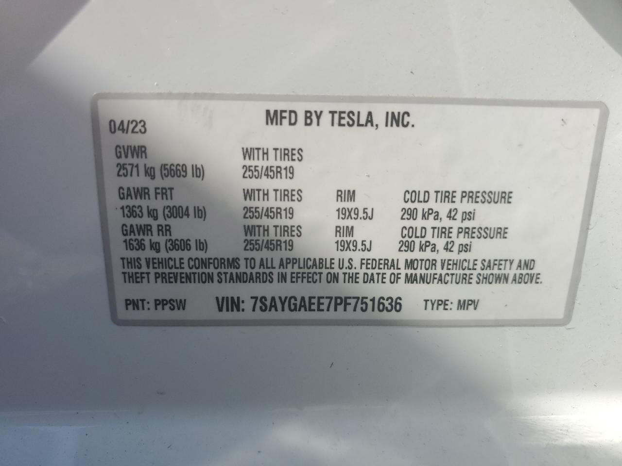 2023 TESLA MODEL Y VIN:7SAYGAEE7PF751636