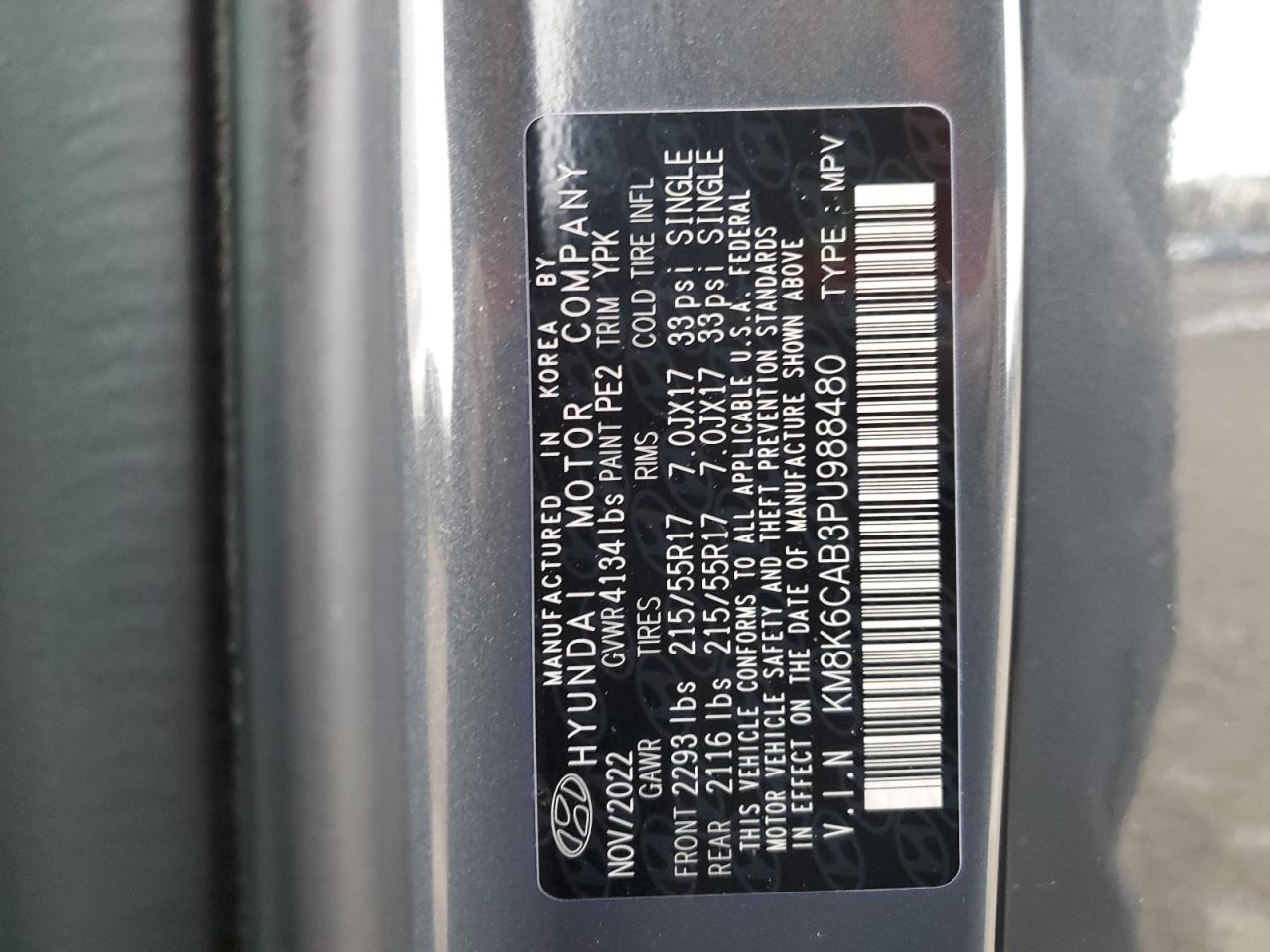 2023 HYUNDAI KONA SEL VIN:KM8K6CAB3PU988480