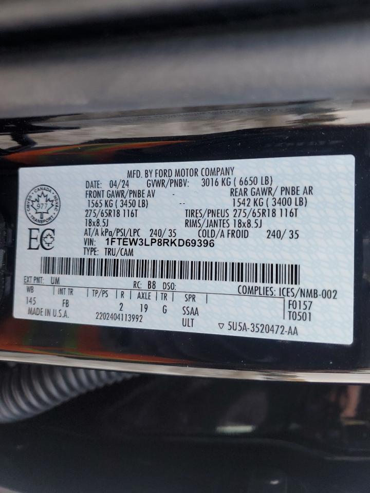 2024 FORD F150 XLT VIN:1FTEW3LP8RKD69396