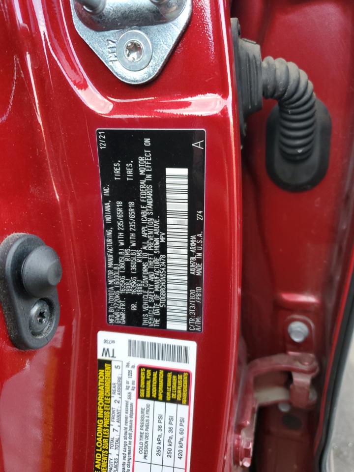 2022 TOYOTA HIGHLANDER HYBRID XLE VIN:5TDGBRCH0NS543478