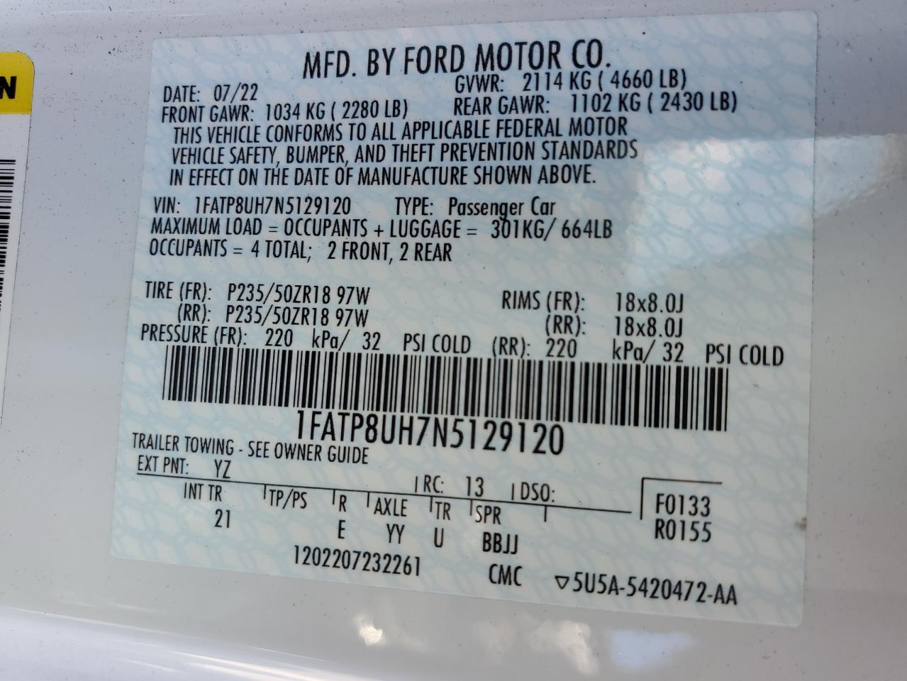 2022 FORD MUSTANG VIN:1FATP8UH7N5129120