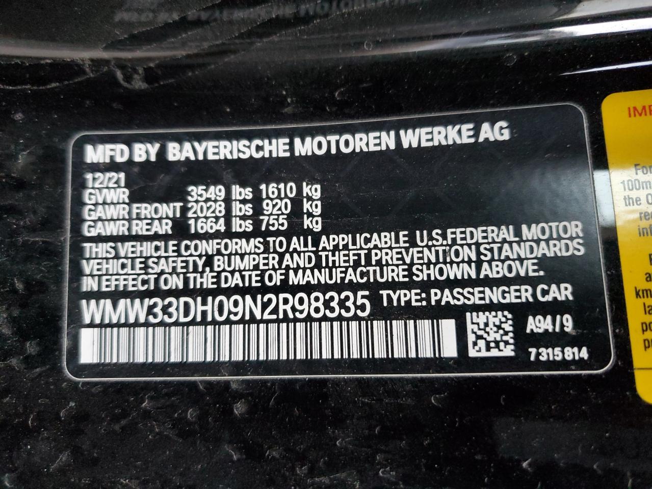 2022 MINI COOPER VIN:WMW33DH09N2R98335