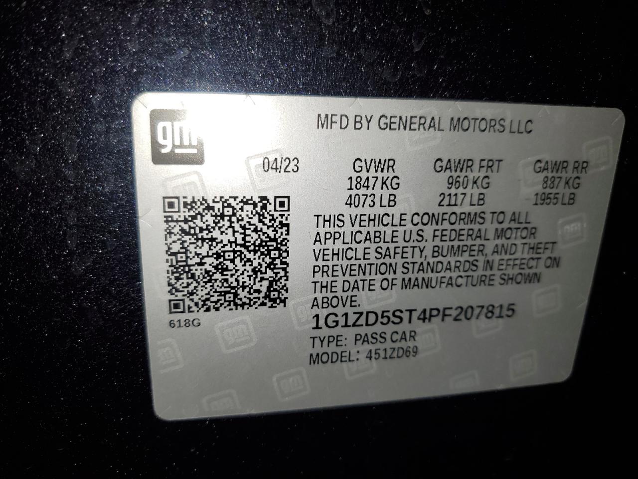 2023 CHEVROLET MALIBU LT VIN:1G1ZD5ST4PF207815