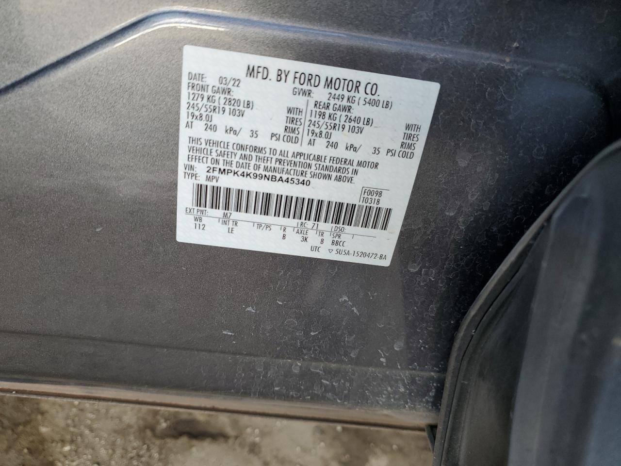 2022 FORD EDGE TITANIUM VIN:20200600554