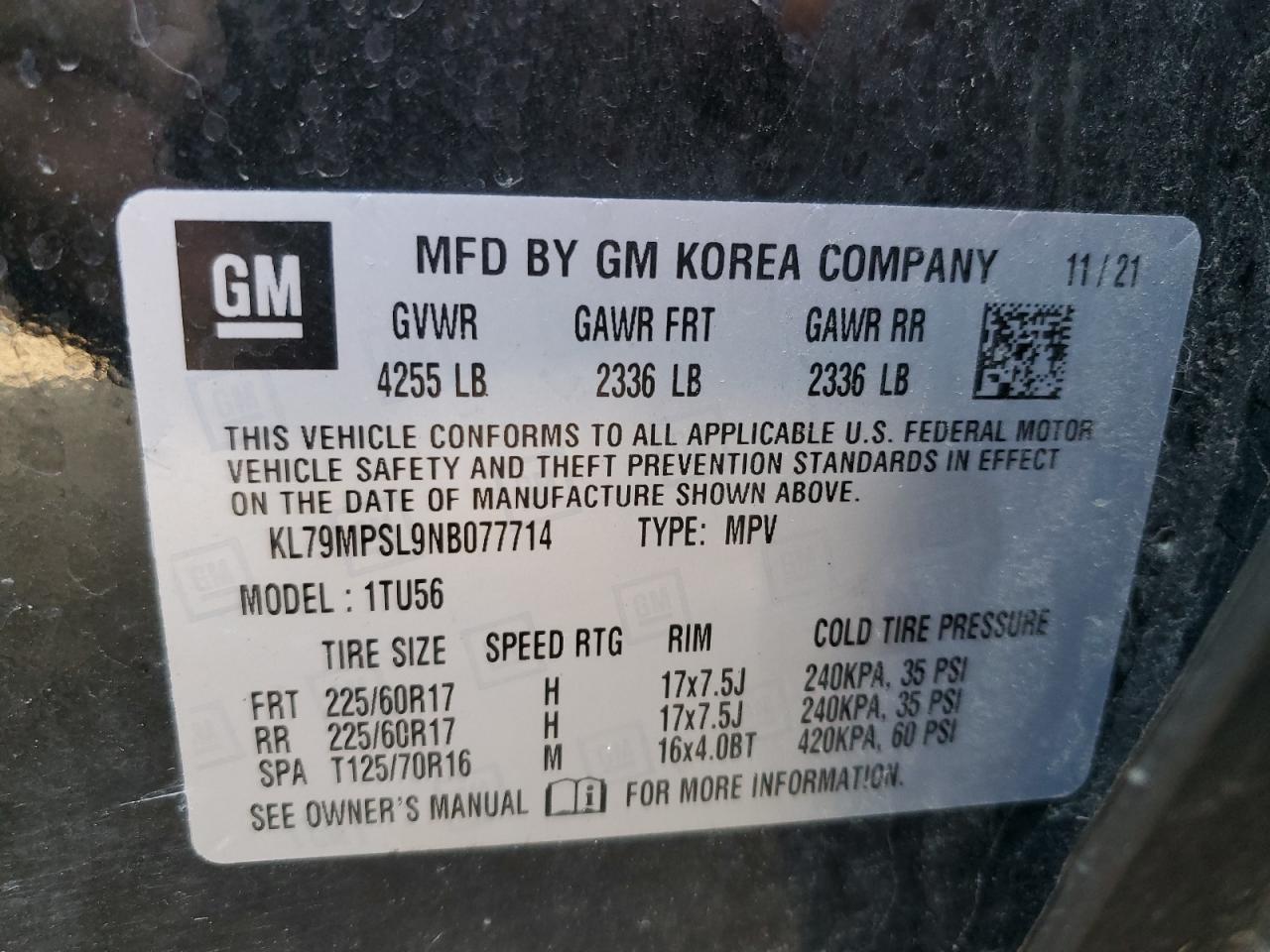 2022 CHEVROLET TRAILBLAZER LT VIN:KL79MPSL9NB077714