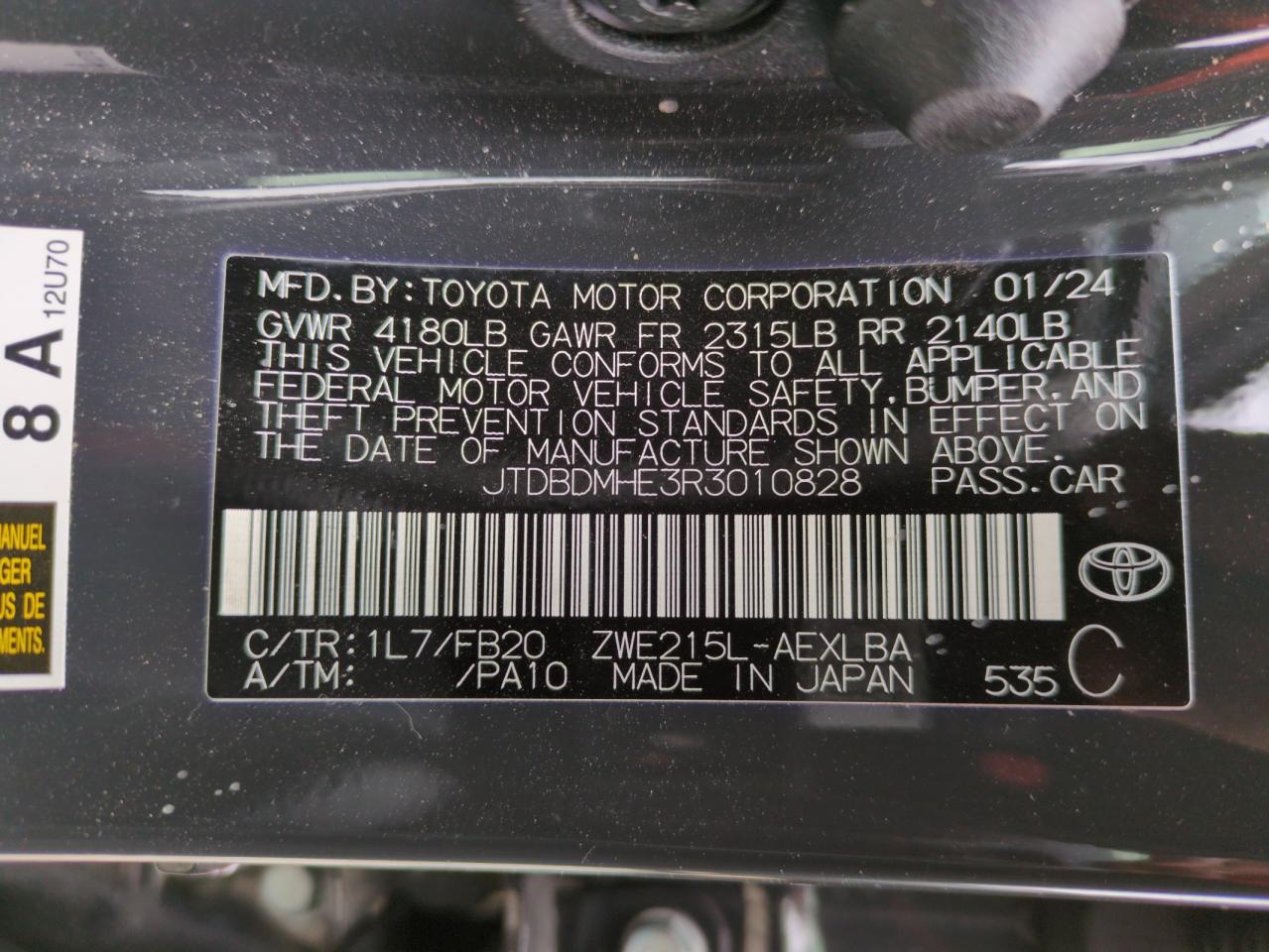 2024 TOYOTA COROLLA LE VIN:JTDBDMHE3R3010828
