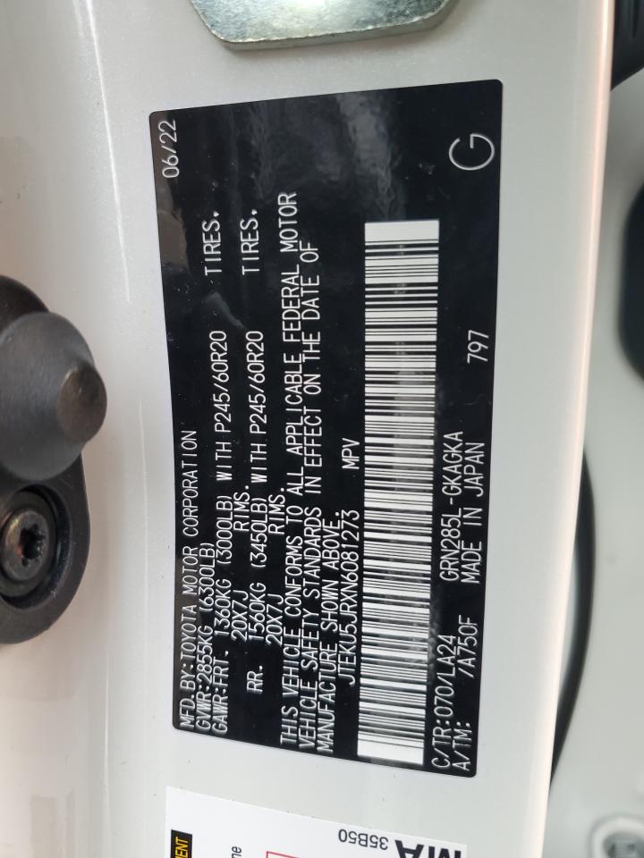 2022 TOYOTA 4RUNNER LIMITED VIN:JTEKU5JRXN6081273