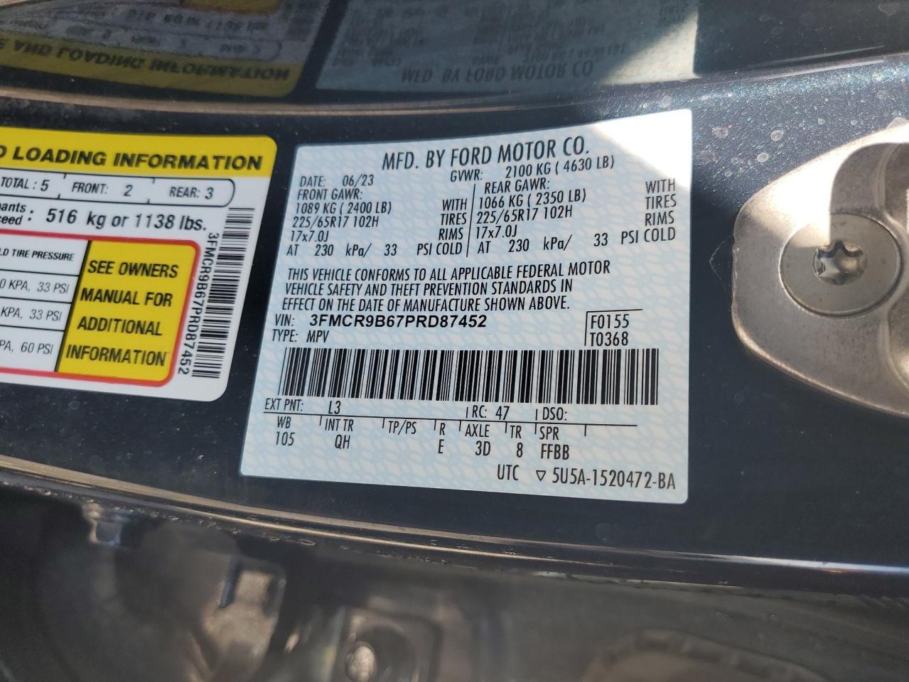 2023 FORD BRONCO SPORT BIG BEND VIN:3FMCR9B67PRD87452