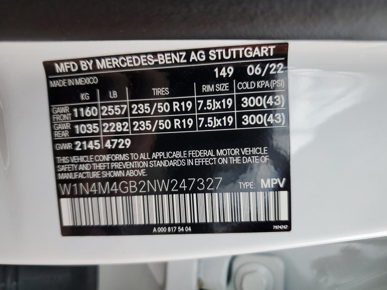 2022 MERCEDES-BENZ GLB 250 VIN:W1N4M4GB2NW247327