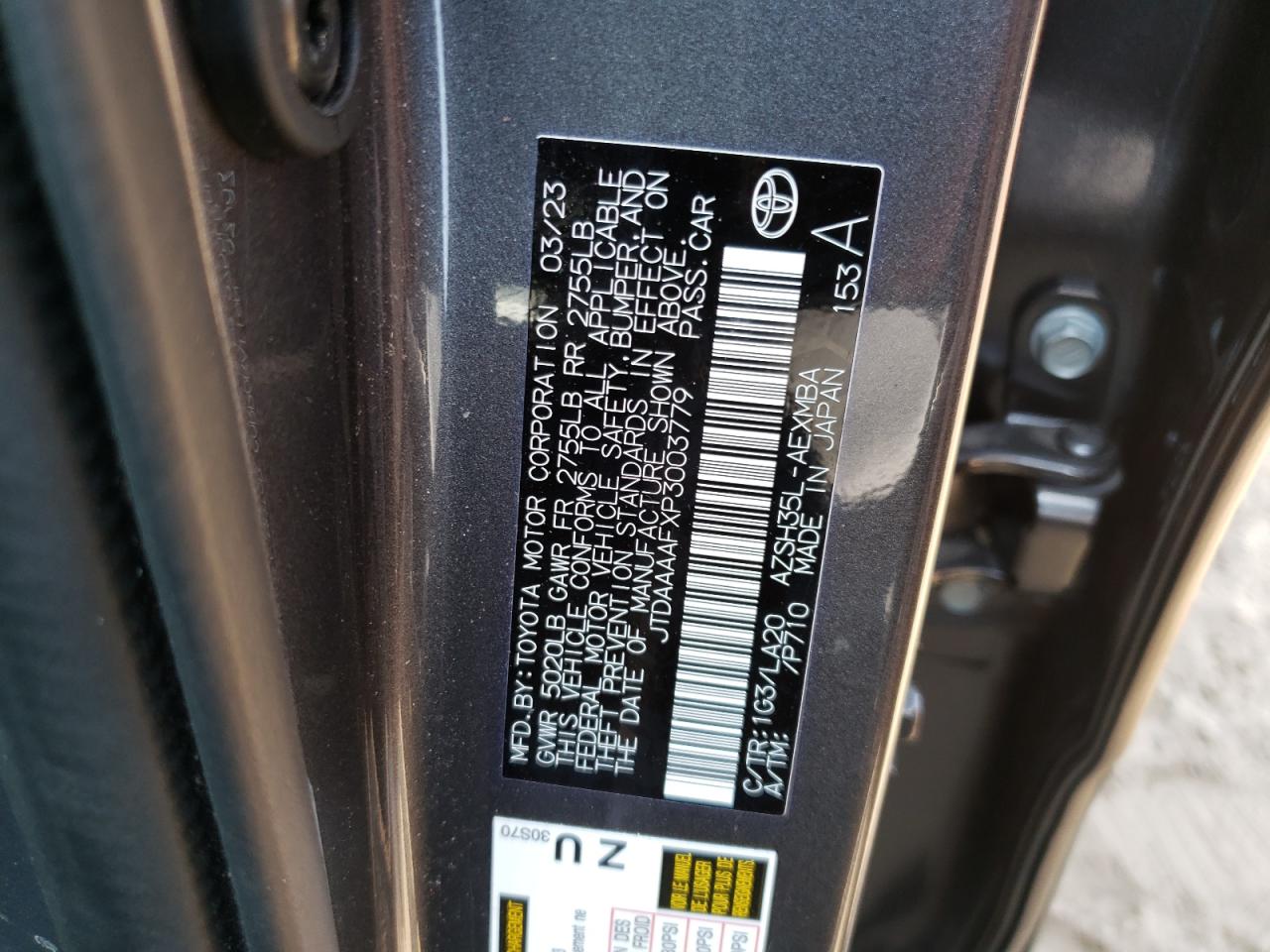 2023 TOYOTA CROWN XLE VIN:JTDAAAAFXP3003779