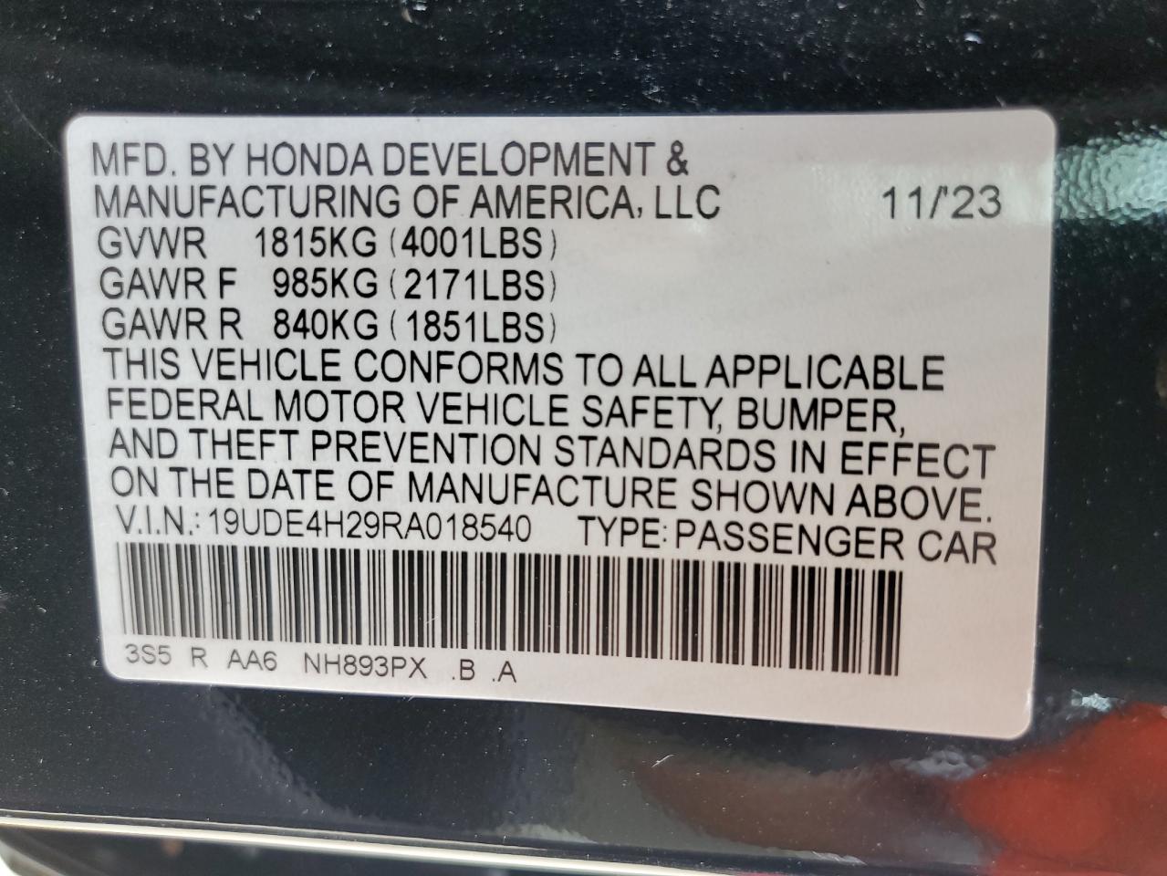 2024 ACURA INTEGRA VIN:19UDE4H29RA018540