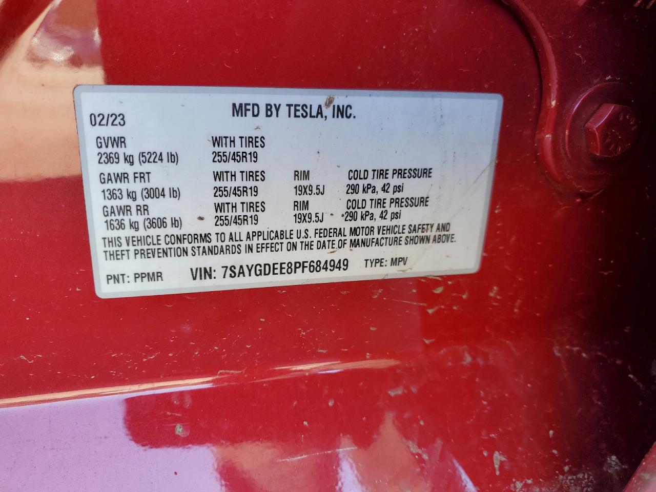 2023 TESLA MODEL Y VIN:7SAYGDEE8PF684949