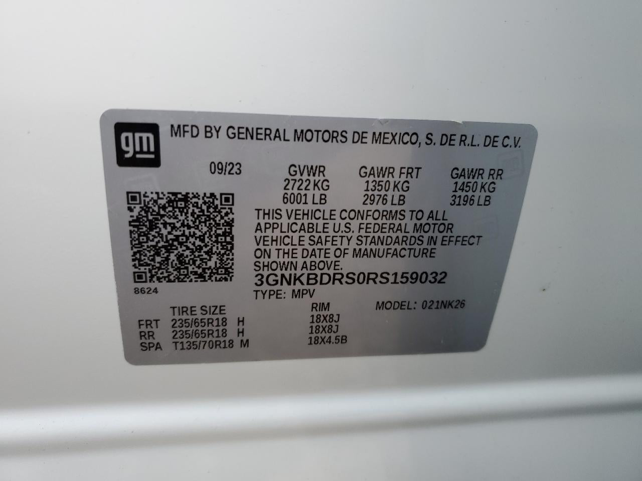 2024 CHEVROLET BLAZER 3LT VIN:3GNKBDRS0RS159032