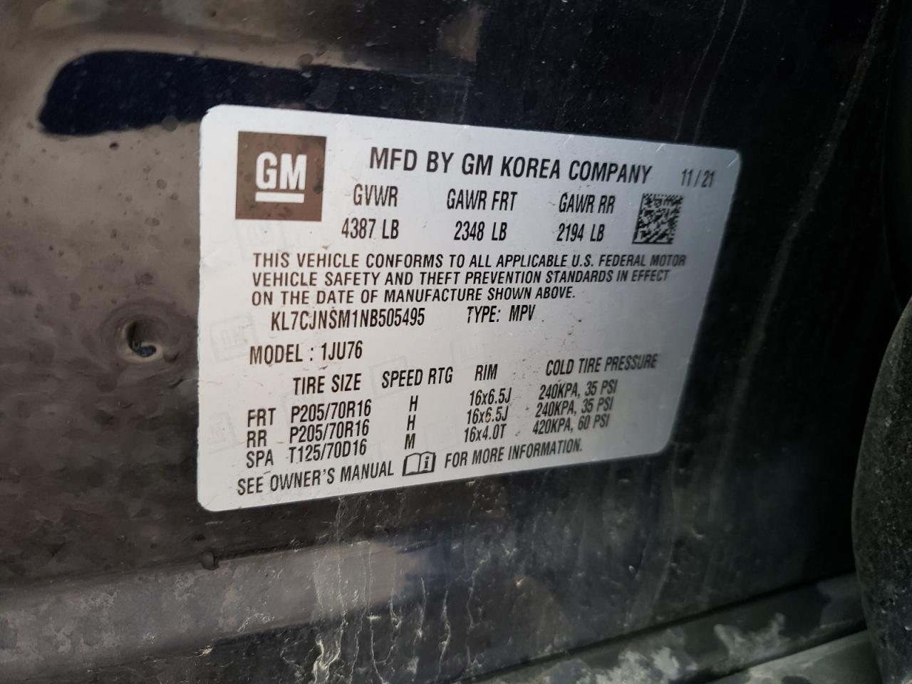 2022 CHEVROLET TRAX LS VIN:KL7CJNSM1NB505495